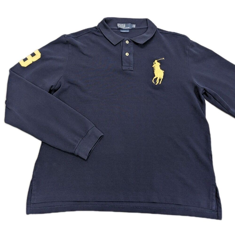 Polo Ralph Lauren Long Sleeve Big Pony Shirt Mens Large Navy Yellow Custom Fit